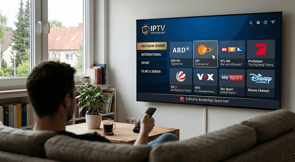 Mann schaut Premium IPTV 4K auf Smart TV – StreamVault IPTV Service